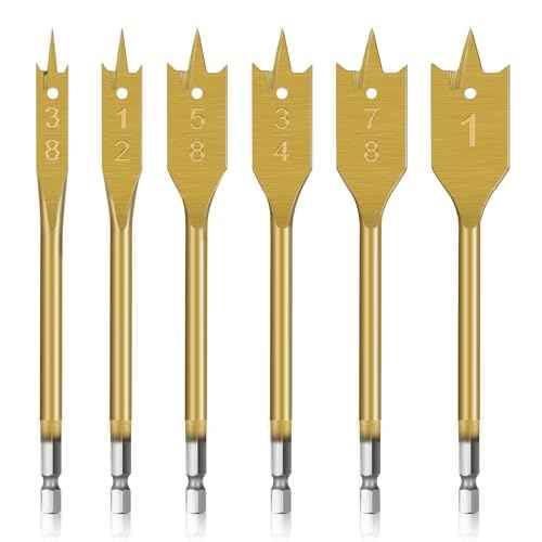 Spade Drill Bit Set - 6-Piece Titanium Coated Paddle Bits (3/8" to 1") for Wood, PVC & Fiberglass, Hex Shank Fits All Drills, Burr-Free Holes