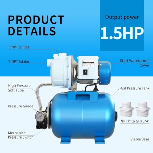 Blue 1.5HP Shallow Well Pump with Pressure Tank, 1340GPH, Automatic Irrigation Water Booster System
