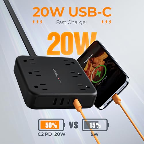 TESSAN 5ft Flat Plug Power Strip Surge Protector with USB-C & USB-A Outlets, Black