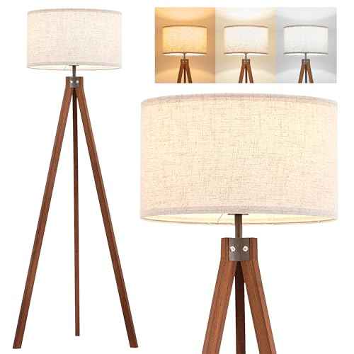 ELYONA Solid Wood Tripod Floor Lamp with 3 Color Temperatures LED Bulb, Mid Century Modern Reading Standing Light Nature Linen Shade Tall Night Light for Bedroom Living Room Office Study Room, Brown