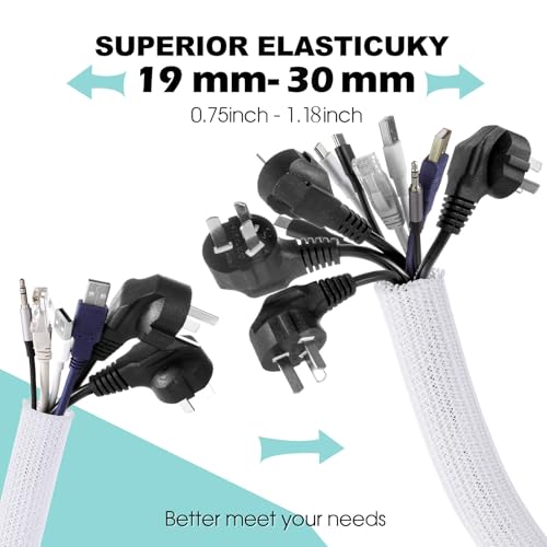 AGPTEK White Cable Management Sleeve 1.2 Inch 10ft Pack - Flexible Wire Hider for Safe Home & Office Organization