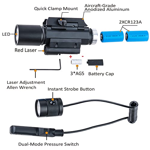 Red Laser Sight Combo, 800 Lumens Tactical Long Gun Flashlight 4 Modes Rail Mounted with Remote Pressure Switch