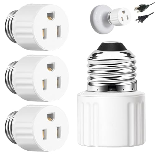 3 Pack White E26 Light Socket Outlet Adapter - Converts Bulb Socket to Plug