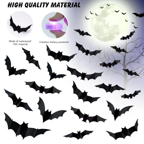Purple LED 3D Bat Set for Halloween Decorations - 36 pcs, 5 Sizes & 4 Shapes