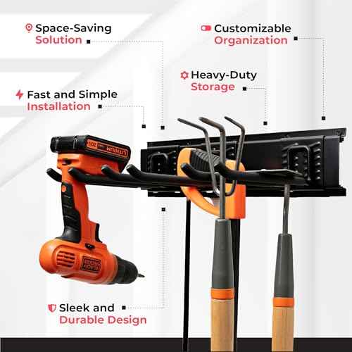TIDYME Garage Tool Organizer Wall Mount - 32 inches - Sturdy Storage Rack with Adjustable Hooks, Anti-Rust - Easy Installation, 200lbs Capacity - Garden Tool Organizer (02 Racks & 04 Hooks)