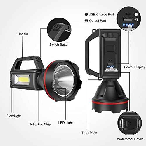 Rechargeable Spotlight Flashlight, High Lumens Handheld Spotlight,LED Searchlight with Shoulder Strap and USB Output for During Hurricane,Emergency, Storms,Hunting, Hiking, Camping(Black Pack of 2)