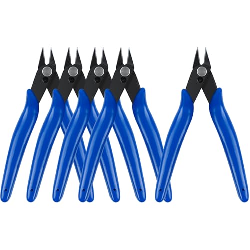 HongWay 5pcs Micro Flush Cutters With Internal Spring, 5 Inches Blue - Side and Diagonal Cutters for Electronics, Heating Wire, Model Sprue, Soft Copper Wire Snips