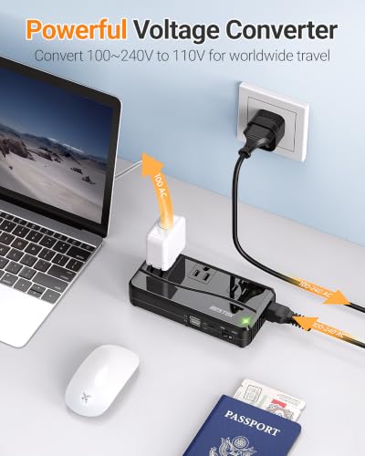 BESTEK Black Travel Voltage Converter 220V to 110V 250W with USB & Worldwide Plug