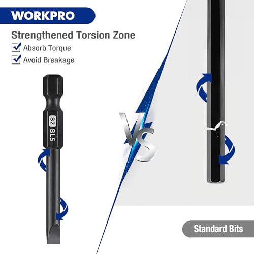 WORKPRO 10pcs Slotted Phillips Screwdriver Bit Set, CNC Machined S2 Steel Magnetic Screwdriver Bits Set, 1/4 Inch Hex Shank Driver Bits, 2.3 Inch Long Screwdriver Bits Set with Storage Box