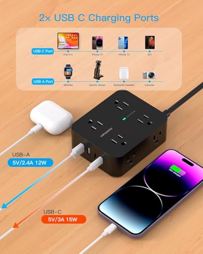 HANYCONY 5Ft Flat Power Strip Surge Protector with 12 Outlets & USB C