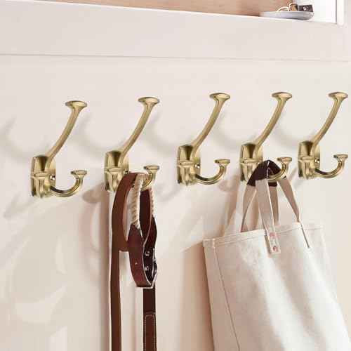Large Wall Double-Sided Hook 5 Pack Champagne Brozne Hook Decorative Heavy Duty Solid Large Coat Hooks for Towel Hanging Coats Robe Towel Bags Door Back 2 Prong Hooks