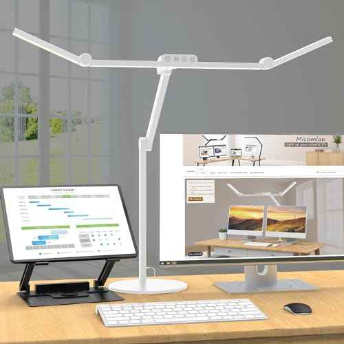 Micomlan Led Desk Lamp with Atmosphere Lighting, Rotatable Tall Architect Desk Lamp for Home Office with Swing Arm, 24W Bright Auto Dimming Adjustable Computer Light with Base for Table