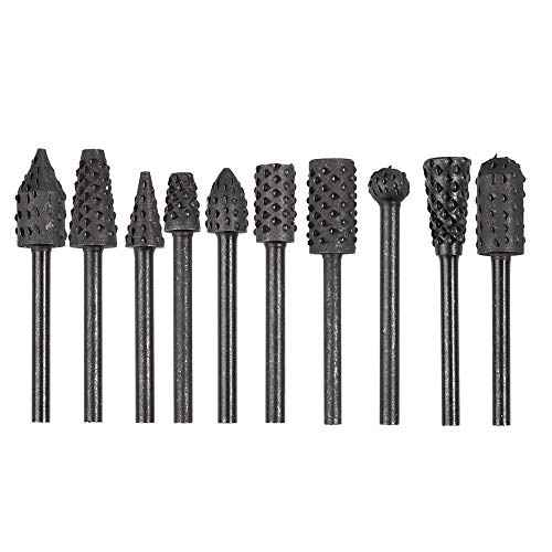 10Pcs 1/8''(3mm) Shank Rotary Burr Rasp Set, Carbon Steel Wood Carving File Rasp Drill Bits Fit for Rotary Tools for DIY Woodworking Wood Plastic Carving Polishing Grinding Engraving