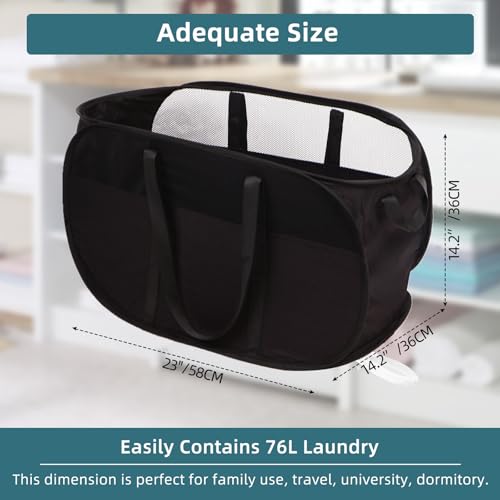 BATTOO 82L-1x Collapsible Laundry Basket - Tear-Proof Pop Up Hamper with Dual Handles, Black