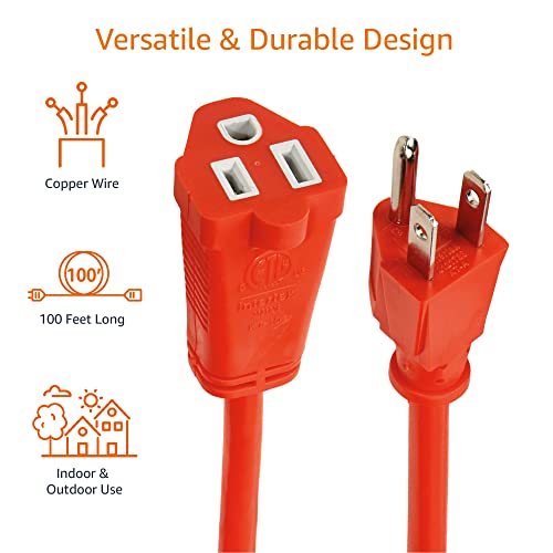 Amazon Basics 100 ft Indoor/Outdoor 3-Prong Vinyl Extension Cord - Orange, Heavy Duty, Moisture Resistant
