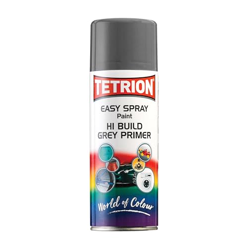 Tetrion Easy Spray Hi-Build Grey Primer ? 400ml Acrylic Primer Spray for Wood, Metal, Plastic & More - Smooth Base Coat for Paint | Indoor & Outdoor Use