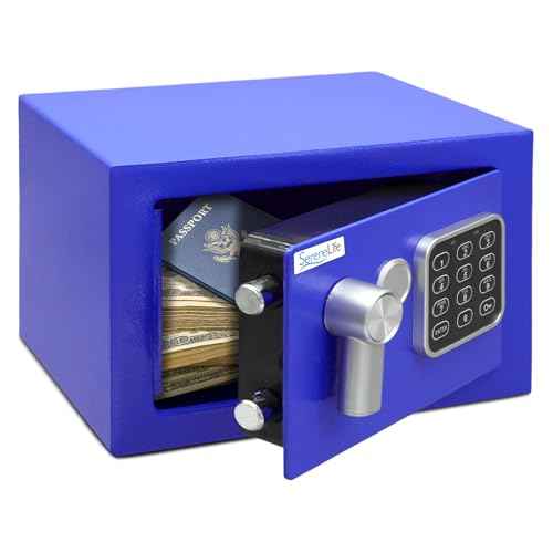 SereneLife Premium Steel Digital Safe Box - 9.1" x 6.7" x 6.7" | Secure Storage for Cash, Firearms & Jewelry | Great For Hotels, Cabinets & Home Use | Electronic & Mechanical Access | 2 Keys | Blue
