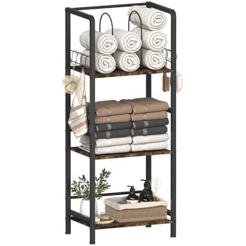 Free Standing Towel Racks for Bathroom with U-Shaped Detachable Dividers, 3-Tier Floor Towels Holder Stand with Shelf & 8 S-Hooks, Metal Pool Towel Storage Organizer for Home, Poolside, Black