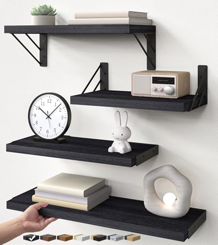 BAYKA Black Floating Wall Shelves Set of 4 - 16-Inch Wall-Mounted Shelving with Black Brackets & Boards, Rustic Design