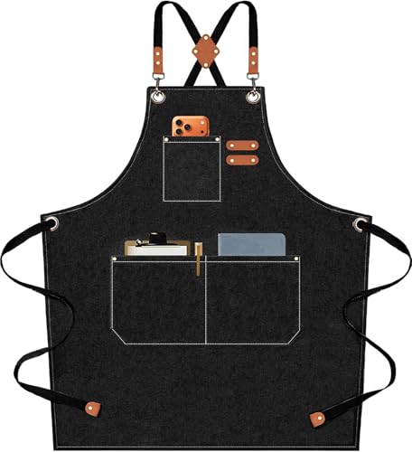 AFUN Black Cotton Chef Apron with Oversized Pockets, Heavy Duty Cross Back Design
