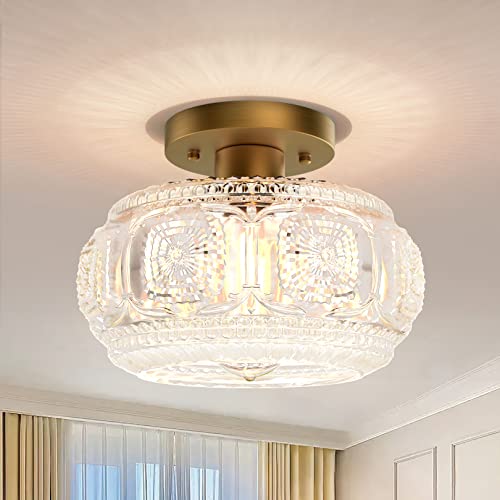 OYKYOHEI Vintage Gold Globe Glass Semi Flush Mount Ceiling Light 9.38 Inch