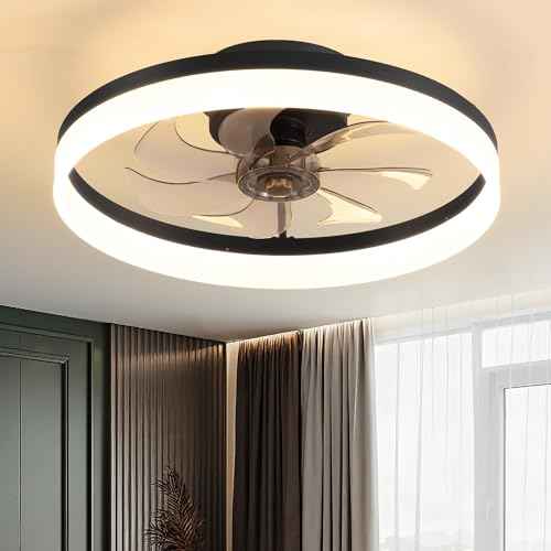 PUSU 15.8" Low Profile LED Ceiling Fans with Light, Reversible Flush Mount with Remote and 6 Winds Speeds Fan Lighting, 3 Colors Dimmable for Bedroom, Garage, Kids, Dinning Room, Kitchen (Black)
