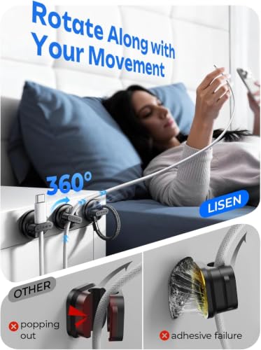 LISEN 6-Pack Black 360° Rotating Cord Holders with Magnetic Clips for Nightstand