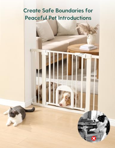 Babelio Adjustable Dog Gate with Cat Door, White, 29-43 inches Wide, 30 inches Tall - No Tools Needed