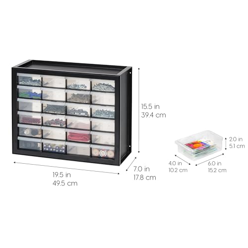 IRIS USA Plastic Storage Drawers, 24-Drawer, Stackable Small Parts Organizer Cabinet for Hardware Screw Nuts and Bolts Sticker Bead Balloon Building Bricks, Teacher Toolbox Garage Storage Bins, Black