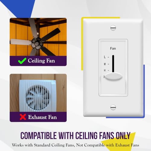 ENERLITES 3-Speed Ceiling Fan Control Switch, Single Pole, White, 1 Pack