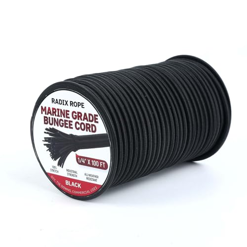 Radix Rope 1/4" x 100ft Marine Grade Heavy Duty Bungee Cord Roll Waterproof Elastic Shock Cord for Kayak, Camping, Outdoor Use