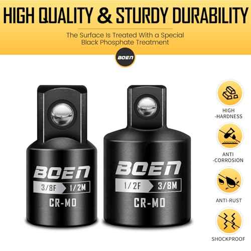 boen 2-Pieces Impact Socket Adapter and Reducer Set, 3/8"F to 1/2"M Adapter & 1/2"F to 3/8"M Reducer, Standard Square Driver & Wrench Conversion Kit, CR-MO Steel
