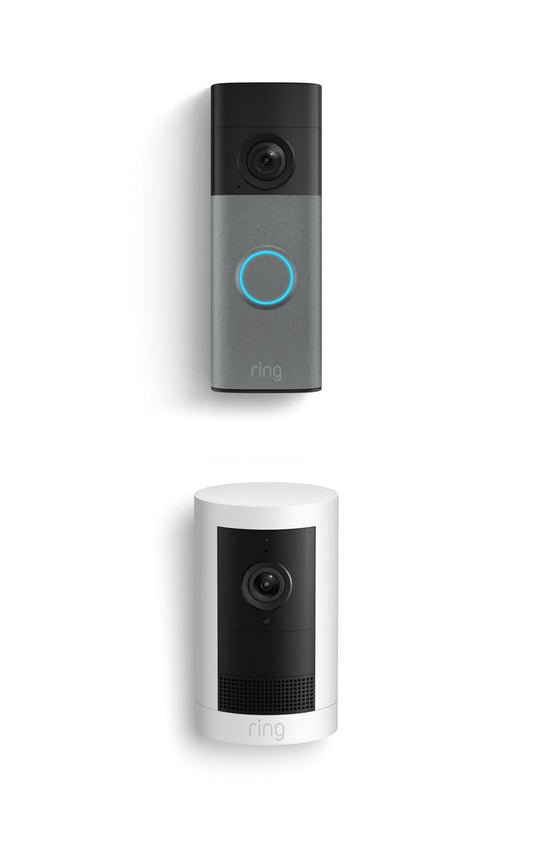 Ring Battery Doorbell (newest model), Speckled Gray with Outdoor Cam Plus, White