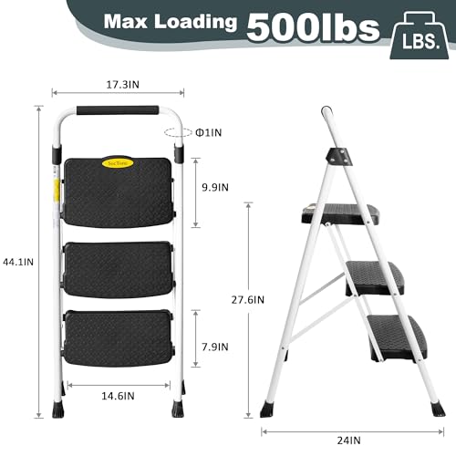 Soctone 3-Step Ladder for Adults, Heavy-Duty Steel, 500lbs Capacity