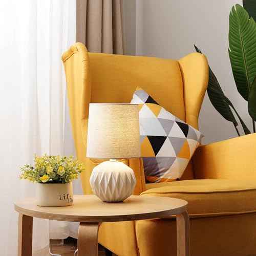 Somniferous Ceramic Bedroom Table Lamps Set of 2, Small Bedside Lamp, White Lamp with Linen Shade, Mid Century Modern Nightstand Lamp for Bedroom Living Room Office, 7W LED Bulb Included