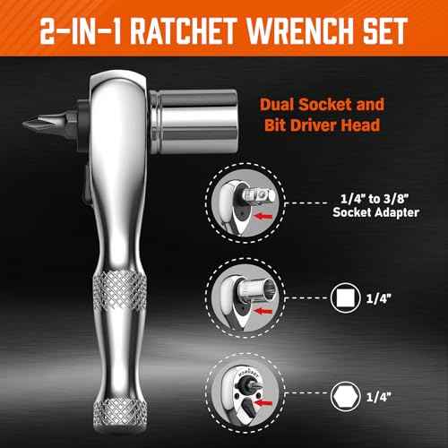 HORUSDY 1/4-Inch Stubby Ratchet Wrench Set, Chrome Alloy 90-Tooth Reversible 1/4" Drive Handle with Magnetic Bit Driver & 1/4" to 3/8" Adapter, Compact Socket Wrench for Tight Spaces, Auto, DIY