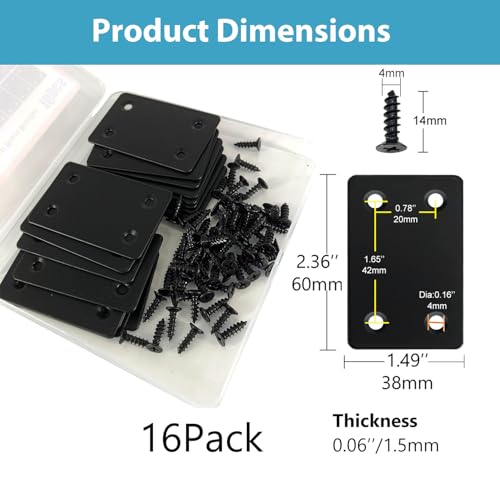 Black 16 Pack Stainless Steel Flat Mending Plates 2.36x1.49'' for Furniture Reinforcement