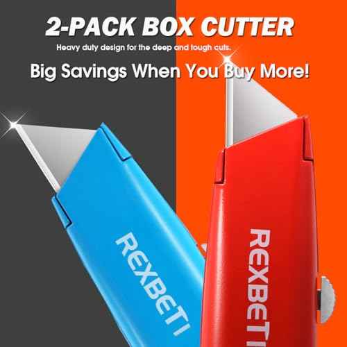 REXBETI 2 Pack Utility Knife with Extra Blades, 2 Color Retractable Blade Heavy Duty Box Cutter for Cartons£¬Cardboard and Boxes£¬Extra 10 Blades Included
