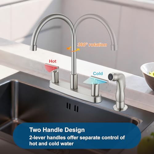 Nickel 2-Handle Kitchen Faucet with Sprayer, 4 Hole, Brushed Finish