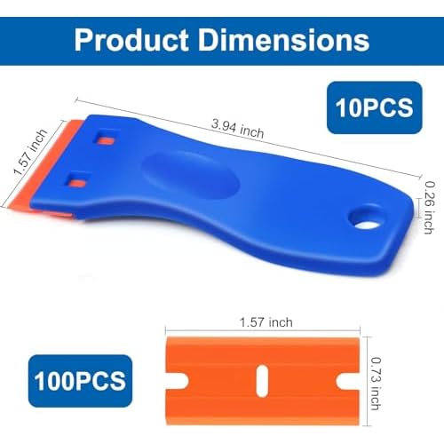 10 Pcs Razor Scraper with 100 Pcs Plastic Blades, Plastic Razor Blade Scraper Tool, Cleaning Scraper Remover for Removal Floor Stove Scraping Labels and Decals Sticker on Car Window Glass