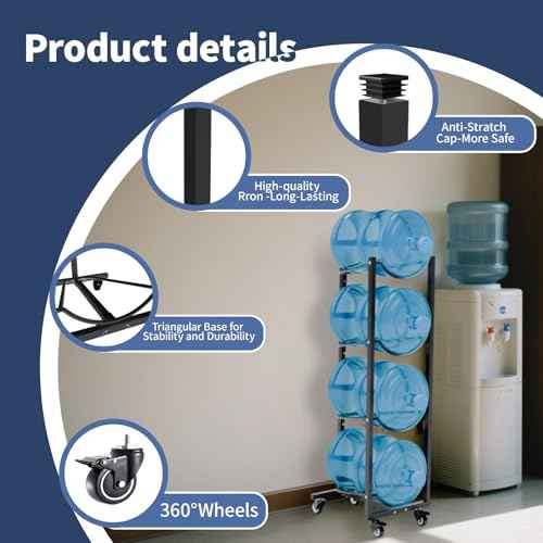 5 Gallon Water Jug Holder with Wheels 4 Tier 5 Gal Water Bottle Storage Rack Stand for Home Kitchen Office Gym Garage