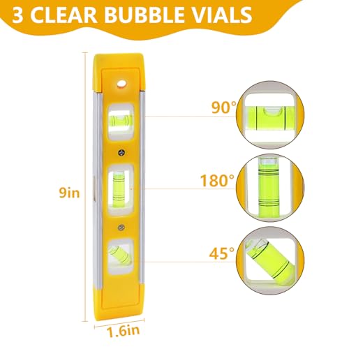 9 Inch Torpedo Magnetic Level with 3 Bubbles — 45/90/180 Degrees for Picture Hanging & Shelves