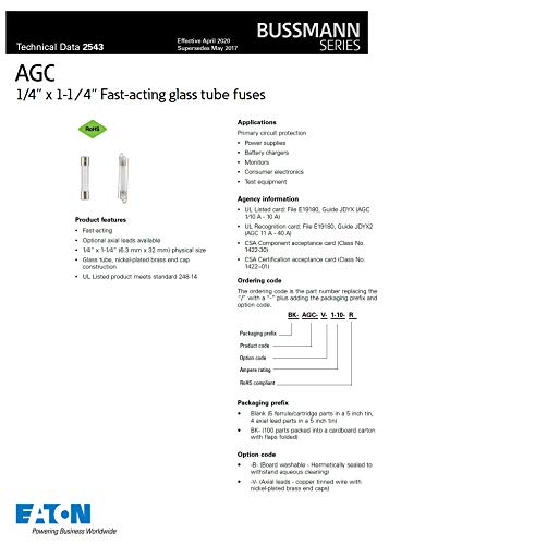 Bussmann AGC Series Fast Acting Fuse 10A 250V Glass Tube Pack of 5