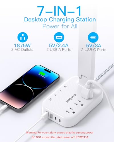 White Small LED Desk Lamp Power Strip with 3 Outlets & 4 USB Ports, 5ft Extension Cord, Touch Dimmable Study Reading Light