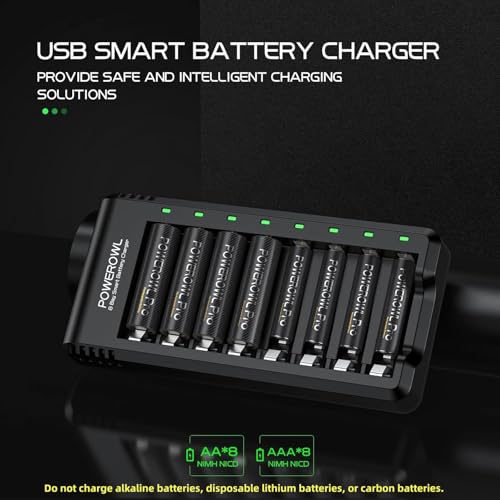 POWEROWL 8 Bay AA AAA Battery Charger - 1 Pack USB Rechargeable Ni-MH/NiCd