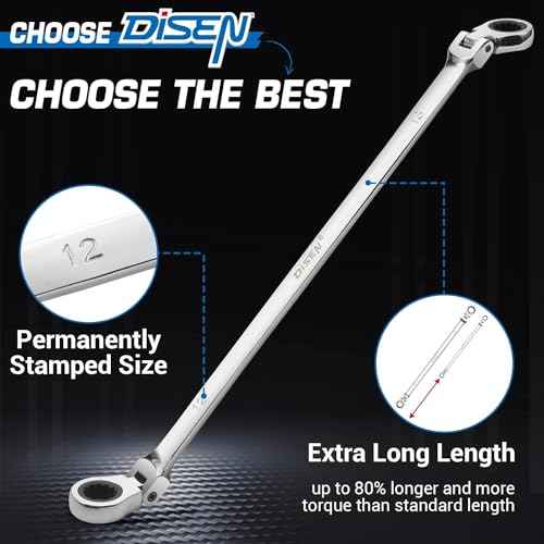 DISEN 8-9mm Extra Long Flex Head Ratcheting Wrench set, Double Box End Long Reach Ratchet Wrench, CRV Steel, Metric