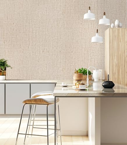Lenify Beige Grasscloth Peel and Stick Wallpaper 15.7x196.8in Textured Wall Covering