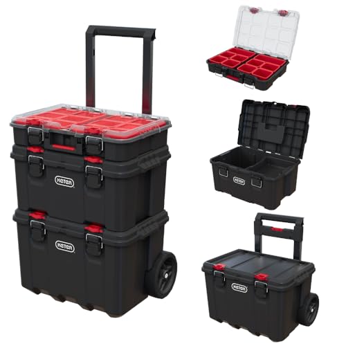 Keter Stack N Roll Modular Tool Box System 3-Piece Black/Red, Mobile Storage