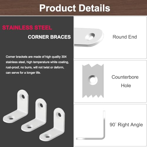 HANFUGA 20 Pack White 1 Inch Stainless Steel Corner Brackets with Screws for DIY Furniture, Wood Frames, 90 Degree Joint