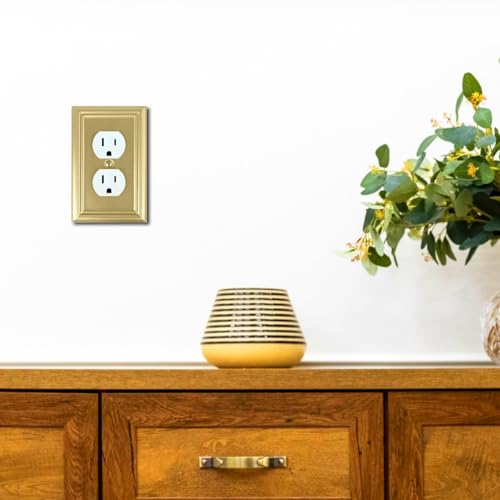 OKAWYC Single Duplex Metal Outlet Switch Cover Brushed Brass 4-Pack - Decorative Wall Plate for Receptacle and Light Switch, Durable & Easy to Install
